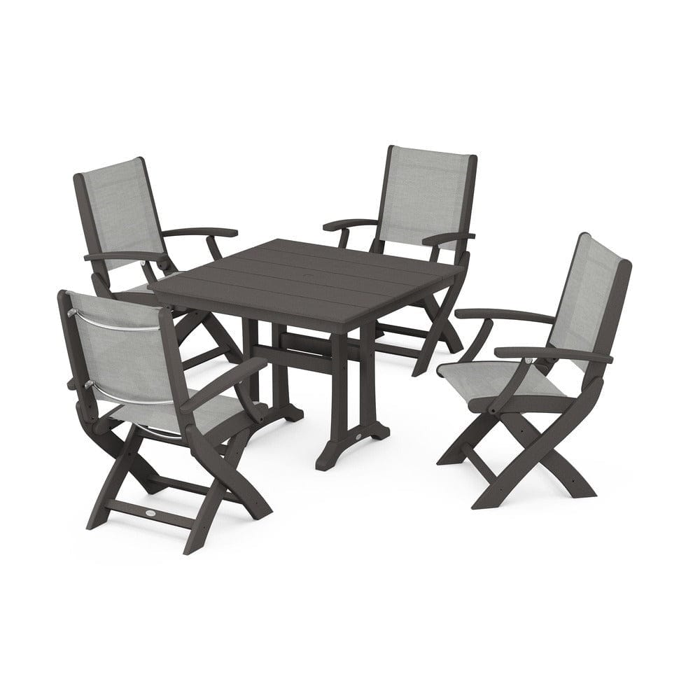 POLYWOOD® Outdoor Furniture Vintage Coffee / Metallic Sling POLYWOOD® - Coastal Folding Chair 5-Piece Farmhouse Dining Set With Trestle Legs - PWS945