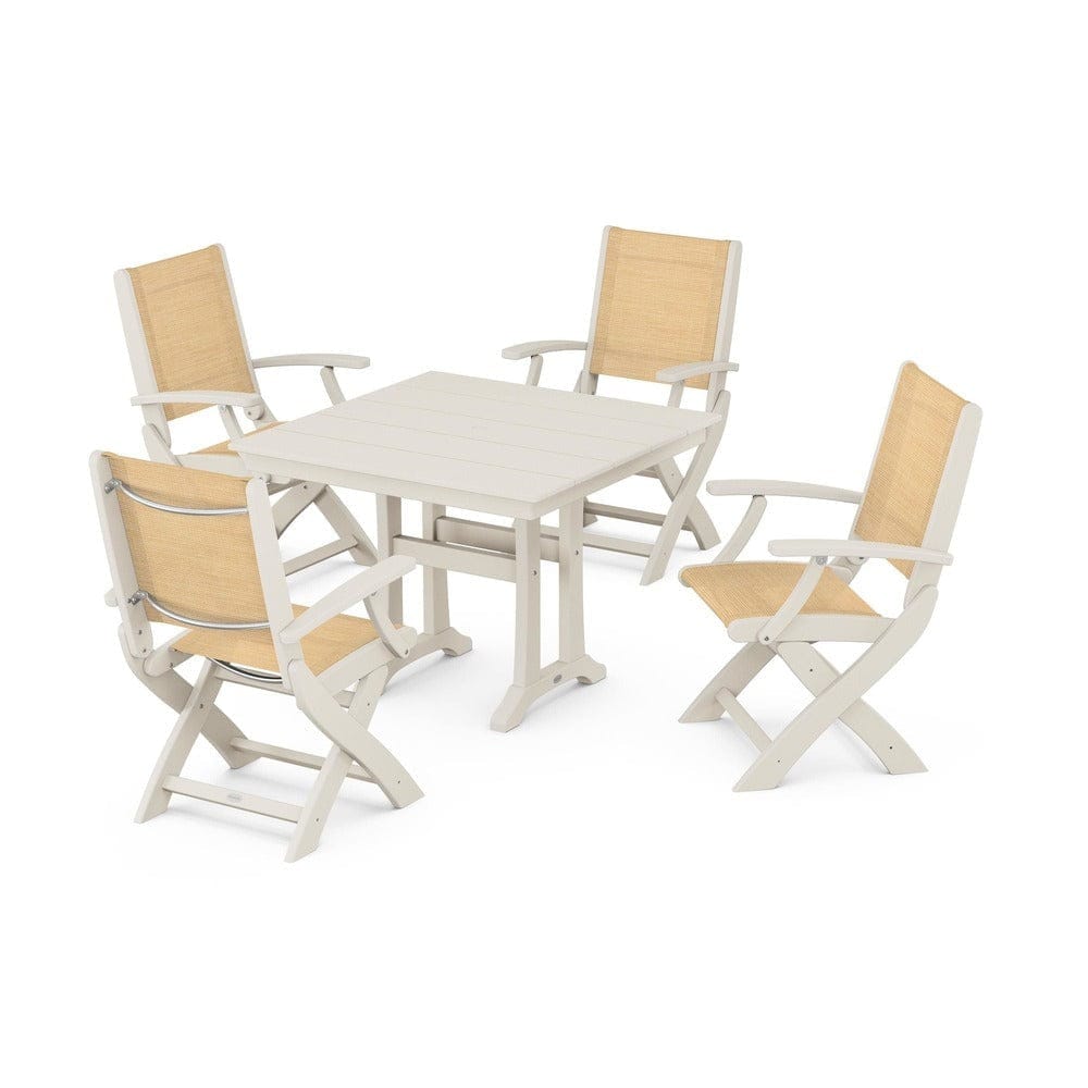 POLYWOOD® Outdoor Furniture Sand / Dupioni Apricot Sling POLYWOOD® - Coastal Folding Chair 5-Piece Farmhouse Dining Set With Trestle Legs - PWS945