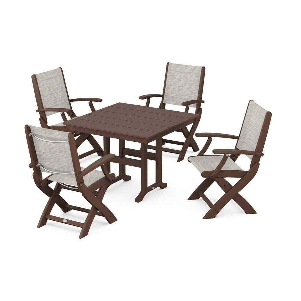 POLYWOOD® Outdoor Furniture Mahogany / Birch Sling POLYWOOD® - Coastal Folding Chair 5-Piece Farmhouse Dining Set - PWS1142