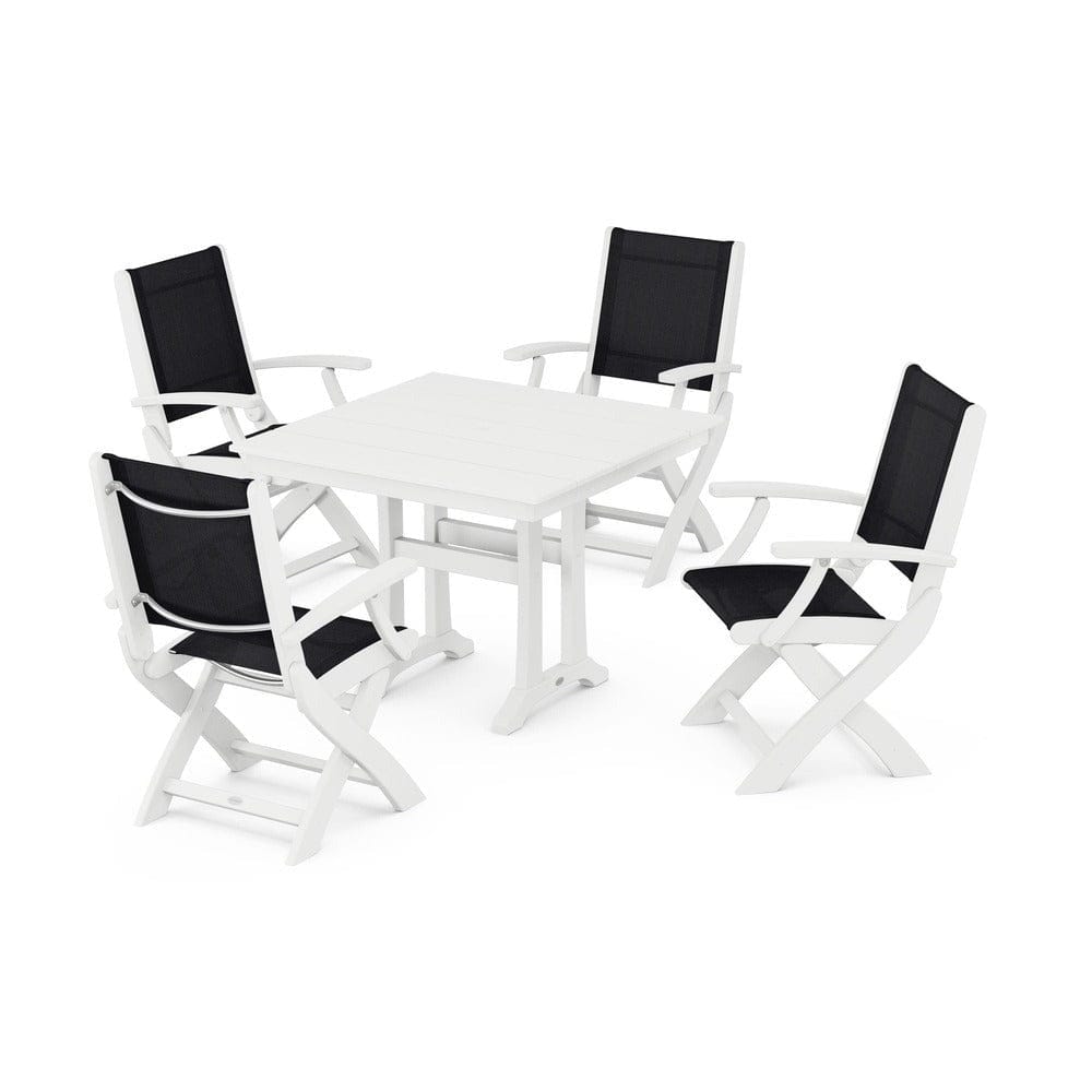 POLYWOOD® - Coastal Folding Chair 5-Piece Farmhouse Dining Set With Trestle Legs - PWS945 Outdoor Furniture POLYWOOD®