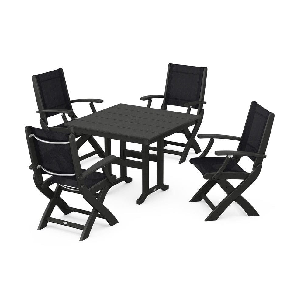 POLYWOOD® Outdoor Furniture Black / Black Sling POLYWOOD® - Coastal Folding Chair 5-Piece Farmhouse Dining Set - PWS1142