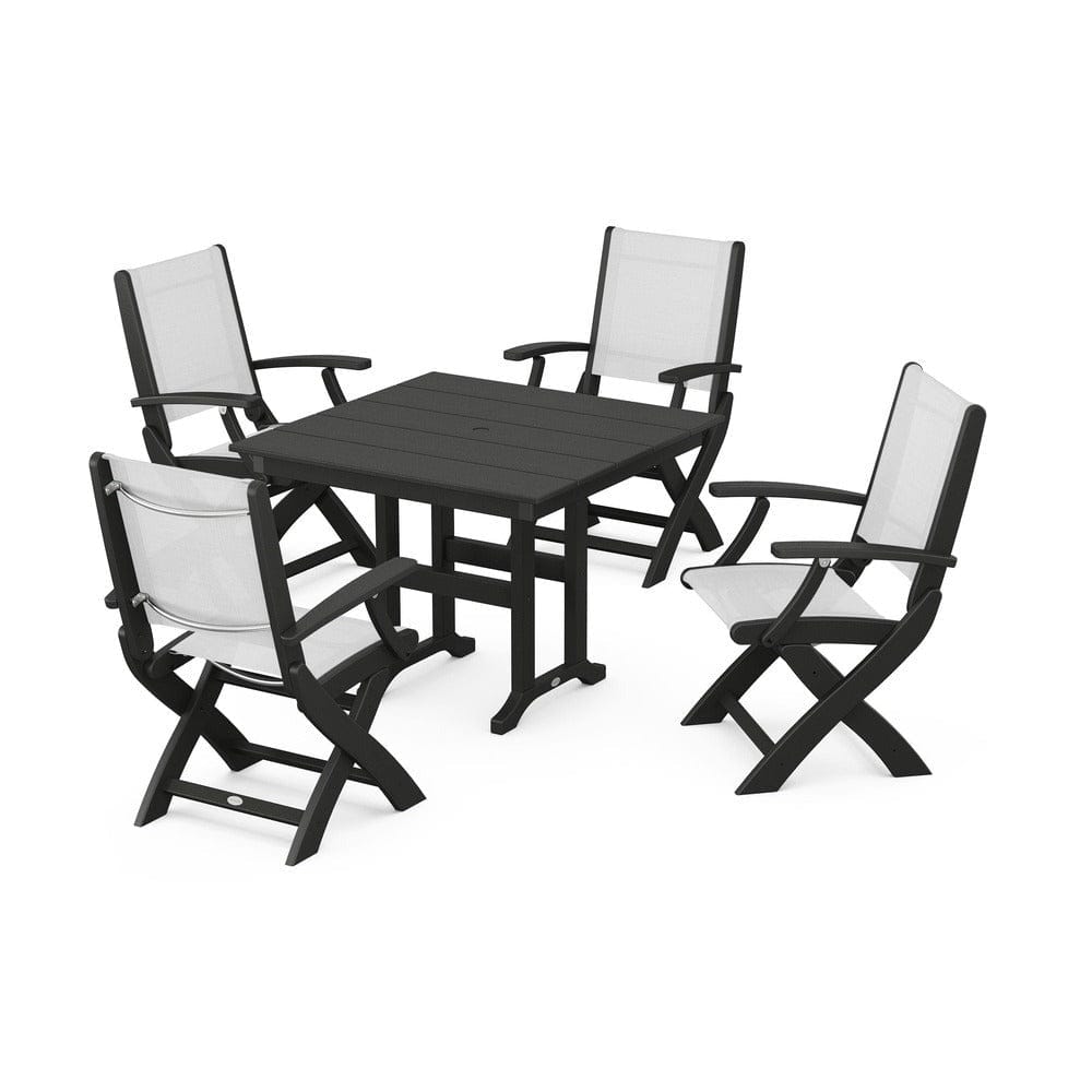 POLYWOOD® Outdoor Furniture Black / White Sling POLYWOOD® - Coastal Folding Chair 5-Piece Farmhouse Dining Set - PWS1142