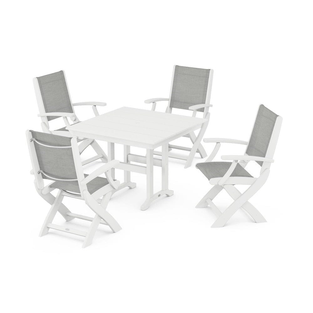 POLYWOOD® Outdoor Furniture White / Metallic Sling POLYWOOD® - Coastal Folding Chair 5-Piece Farmhouse Dining Set - PWS1142