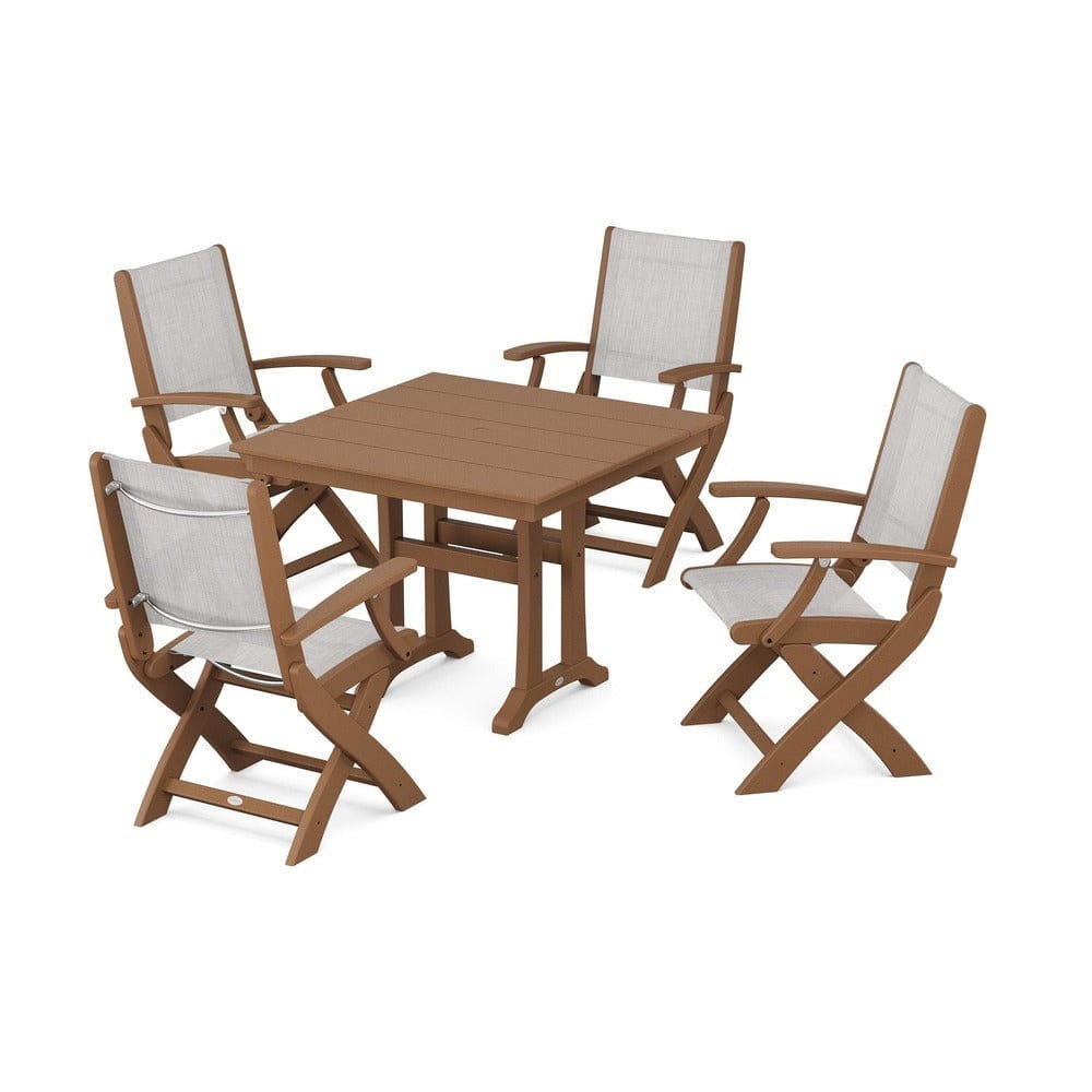 POLYWOOD® Outdoor Furniture Teak / Parchment Sling POLYWOOD® - Coastal Folding Chair 5-Piece Farmhouse Dining Set With Trestle Legs - PWS945