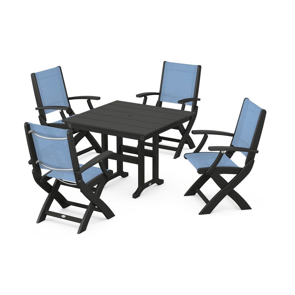 POLYWOOD® Outdoor Furniture Black / Poolside Sling POLYWOOD® - Coastal Folding Chair 5-Piece Farmhouse Dining Set - PWS1142