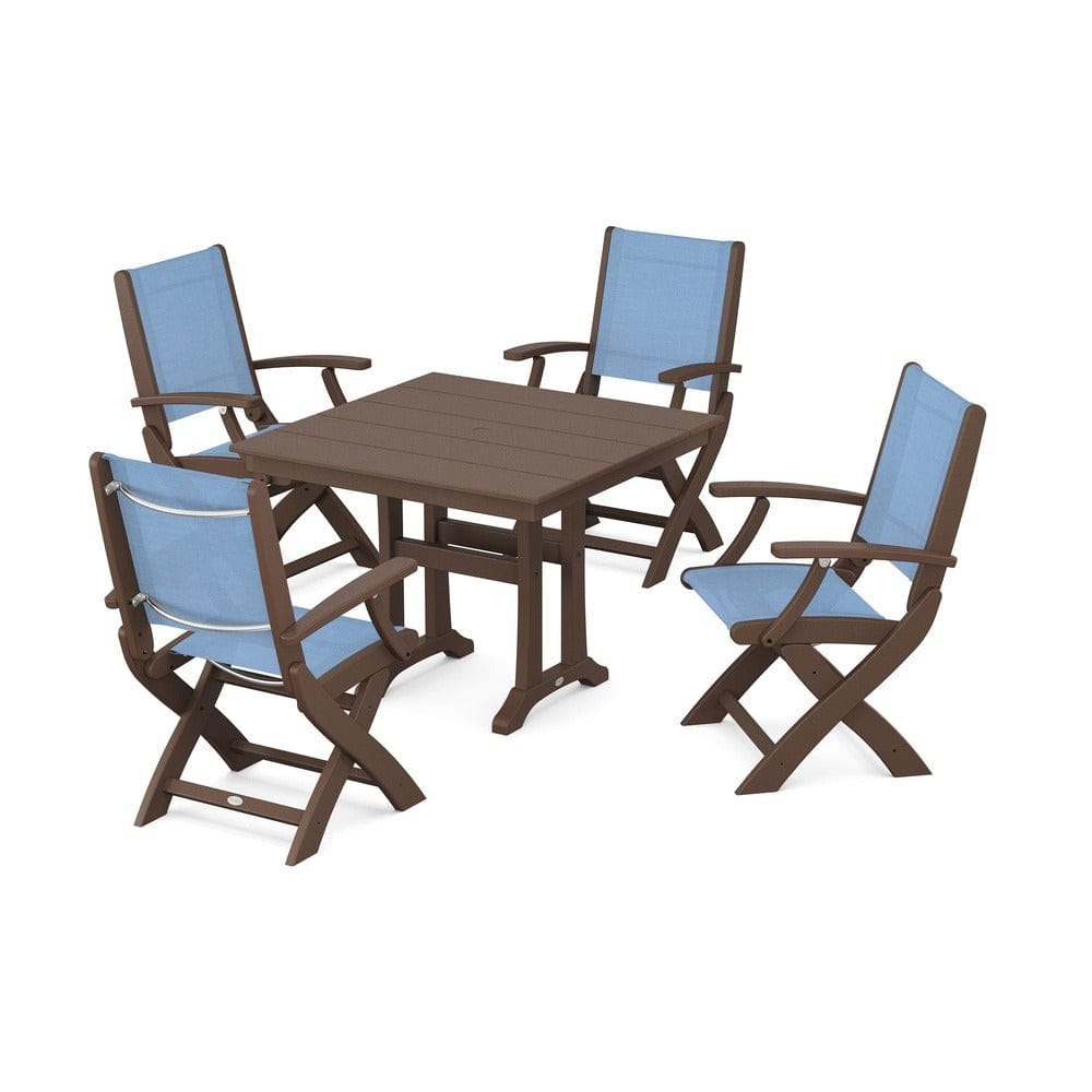 POLYWOOD® Outdoor Furniture Mahogany / Poolside Sling POLYWOOD® - Coastal Folding Chair 5-Piece Farmhouse Dining Set With Trestle Legs - PWS945