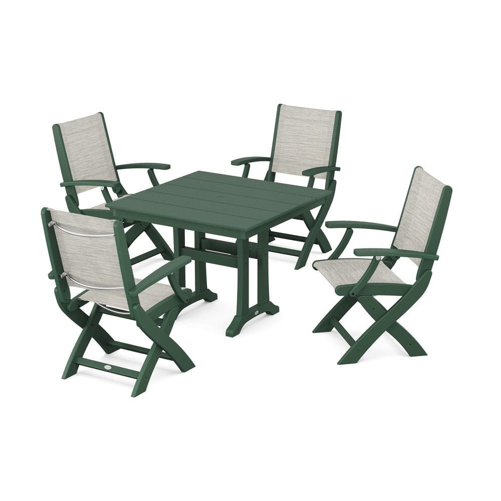 POLYWOOD® Outdoor Furniture Green / Birch Sling POLYWOOD® - Coastal Folding Chair 5-Piece Farmhouse Dining Set With Trestle Legs - PWS945