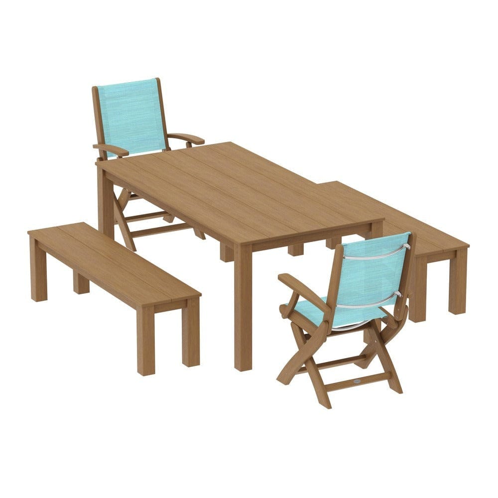POLYWOOD® Outdoor Furniture Natural / Dupioni Aquamarine Sling POLYWOOD® - Coastal Folding Chair 5-Piece Parsons Dining Set with Benches - PWS2273