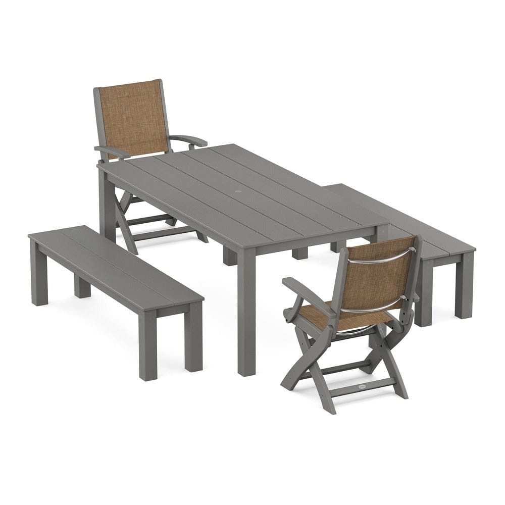 POLYWOOD® Outdoor Furniture Slate Grey / Burlap Sling POLYWOOD® - Coastal Folding Chair 5-Piece Parsons Dining Set with Benches - PWS2273