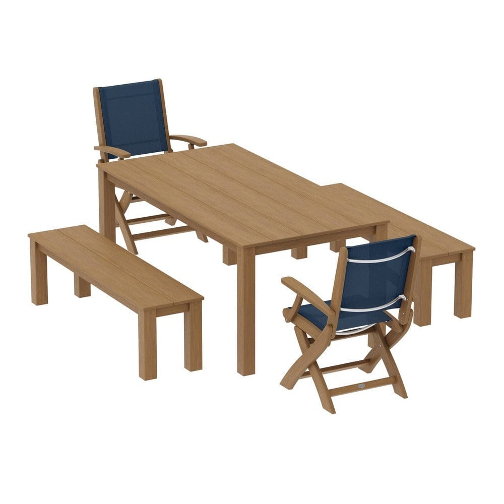POLYWOOD® Outdoor Furniture Natural / Navy Blue Sling POLYWOOD® - Coastal Folding Chair 5-Piece Parsons Dining Set with Benches - PWS2273