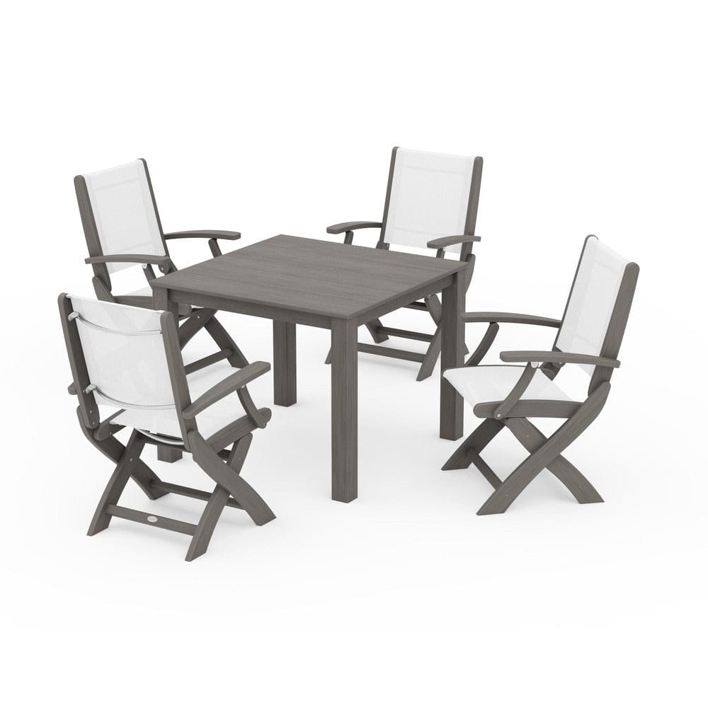 POLYWOOD® Outdoor Furniture Driftwood / White Sling POLYWOOD® - Coastal Folding Chair 5-Piece Parsons Dining Set - PWS2274