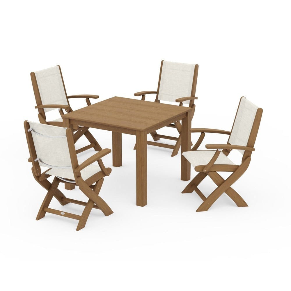 POLYWOOD® Outdoor Furniture Natural / Parchment Sling POLYWOOD® - Coastal Folding Chair 5-Piece Parsons Dining Set - PWS2274