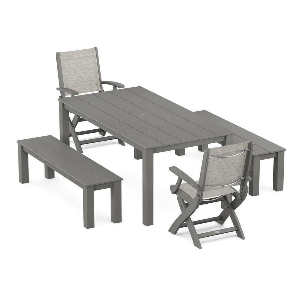 POLYWOOD® Outdoor Furniture Slate Grey / Birch Sling POLYWOOD® - Coastal Folding Chair 5-Piece Parsons Dining Set with Benches - PWS2273