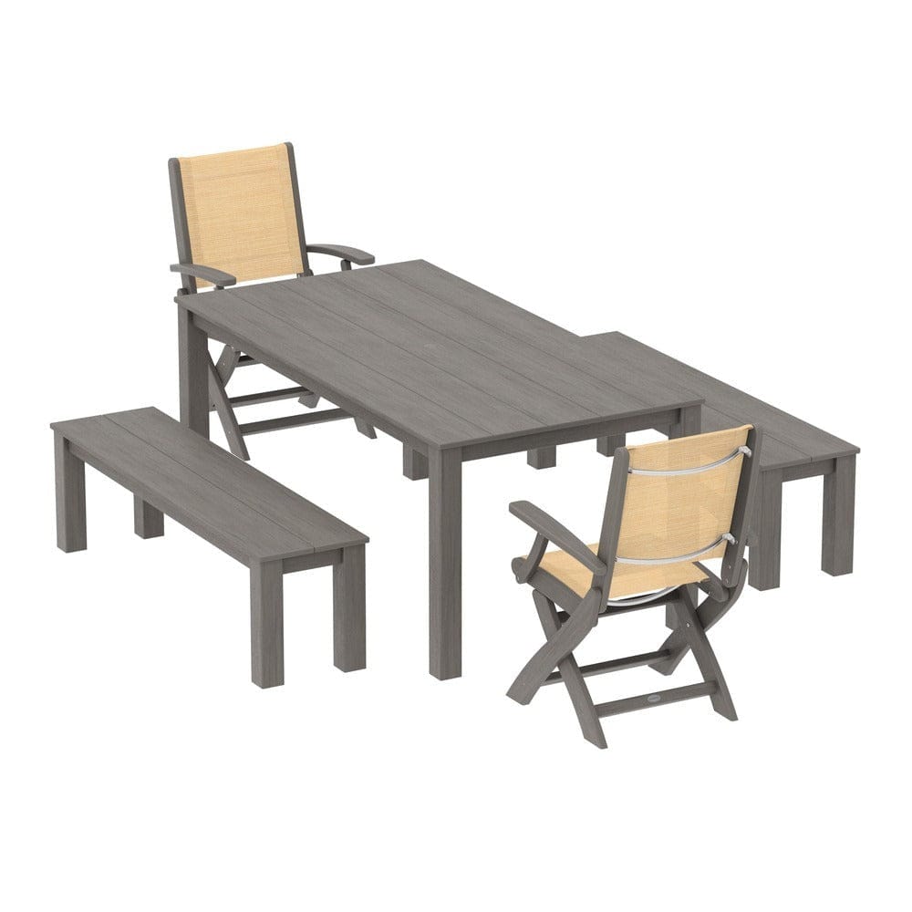 POLYWOOD® Outdoor Furniture POLYWOOD® - Coastal Folding Chair 5-Piece Parsons Dining Set with Benches - PWS2273
