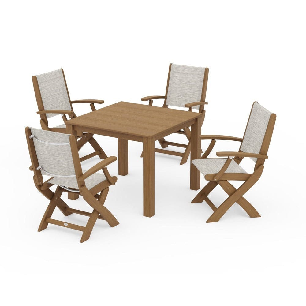 POLYWOOD® Outdoor Furniture Natural / Birch Sling POLYWOOD® - Coastal Folding Chair 5-Piece Parsons Dining Set - PWS2274