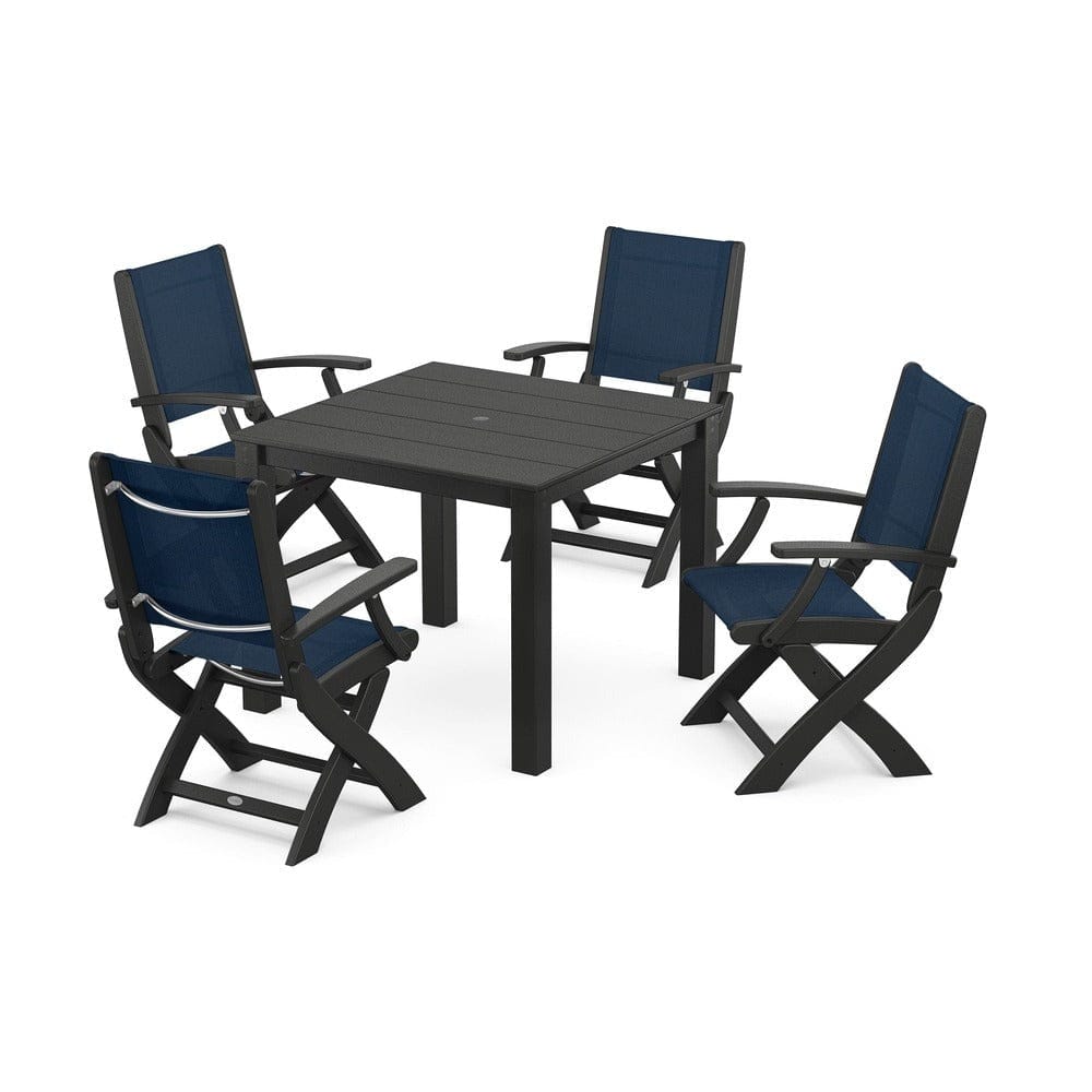 POLYWOOD® Outdoor Furniture Black / Navy Blue Sling POLYWOOD® - Coastal Folding Chair 5-Piece Parsons Dining Set - PWS2274