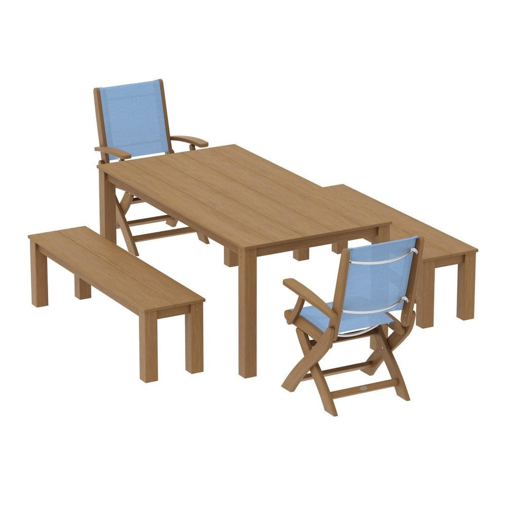POLYWOOD® Outdoor Furniture Natural / Poolside Sling POLYWOOD® - Coastal Folding Chair 5-Piece Parsons Dining Set with Benches - PWS2273