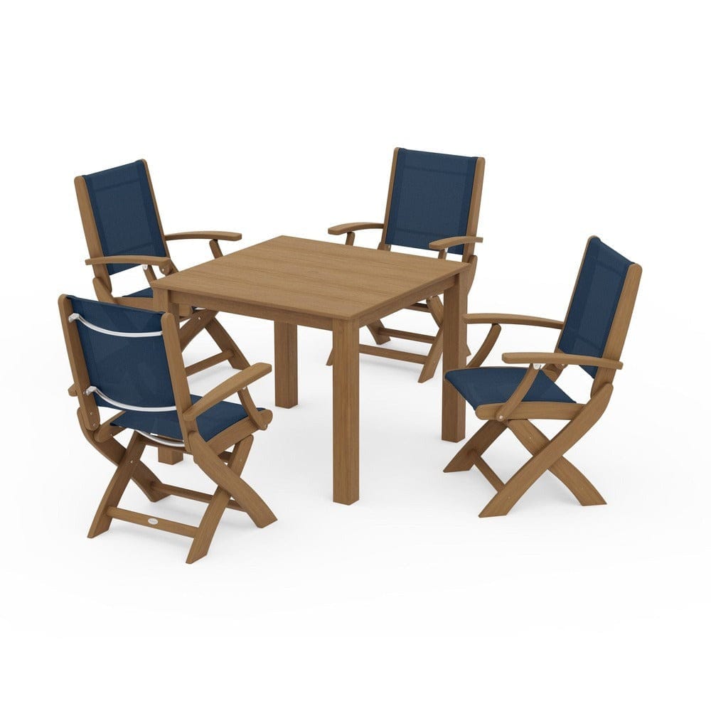 POLYWOOD® Outdoor Furniture Natural / Navy Blue Sling POLYWOOD® - Coastal Folding Chair 5-Piece Parsons Dining Set - PWS2274
