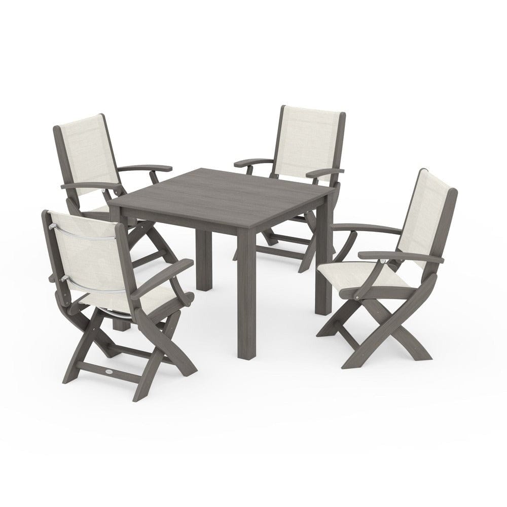 POLYWOOD® Outdoor Furniture Driftwood / Parchment Sling POLYWOOD® - Coastal Folding Chair 5-Piece Parsons Dining Set - PWS2274