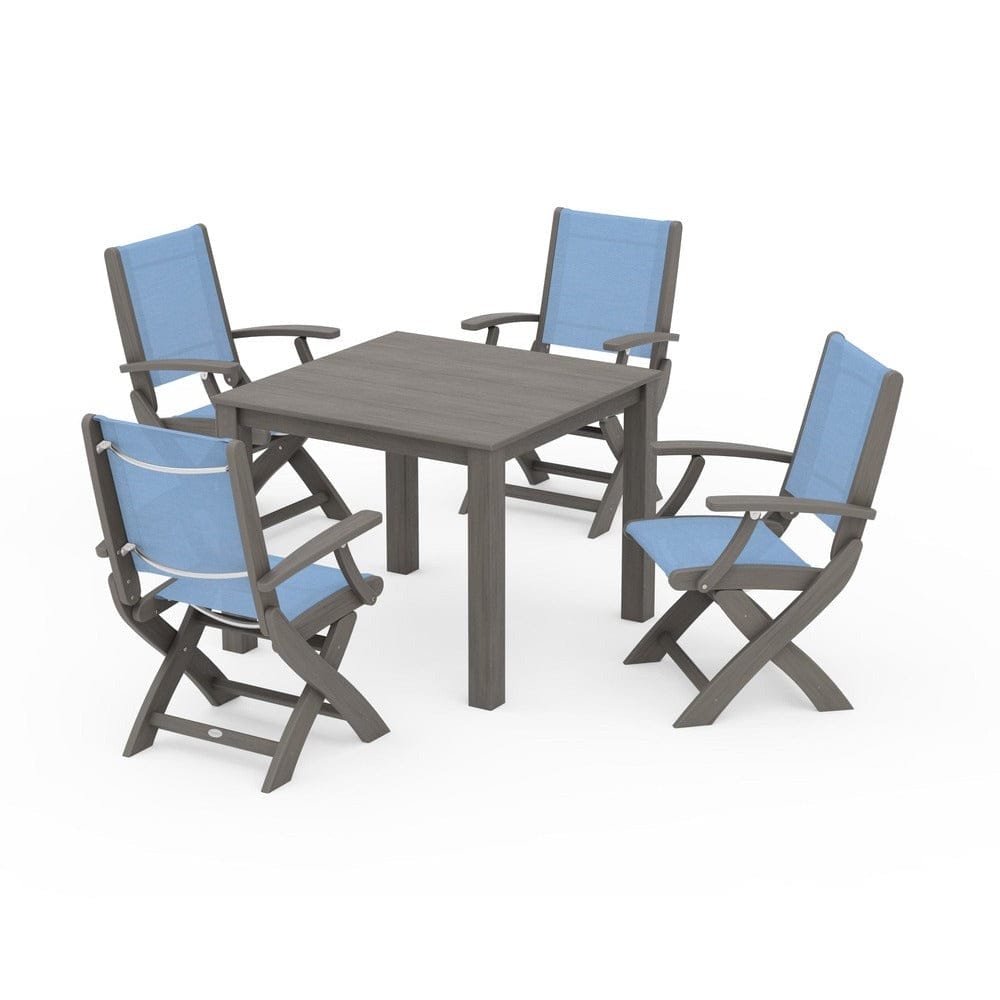 POLYWOOD® Outdoor Furniture Driftwood / Poolside Sling POLYWOOD® - Coastal Folding Chair 5-Piece Parsons Dining Set - PWS2274