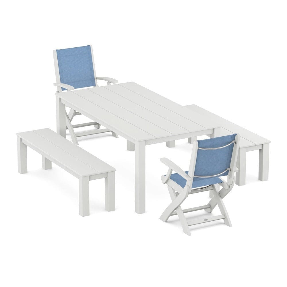 POLYWOOD® Outdoor Furniture White / Poolside Sling POLYWOOD® - Coastal Folding Chair 5-Piece Parsons Dining Set with Benches - PWS2273