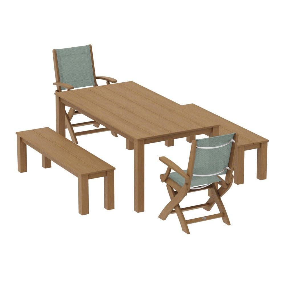 POLYWOOD® Outdoor Furniture Natural / Dupioni Sea Mist Sling POLYWOOD® - Coastal Folding Chair 5-Piece Parsons Dining Set with Benches - PWS2273