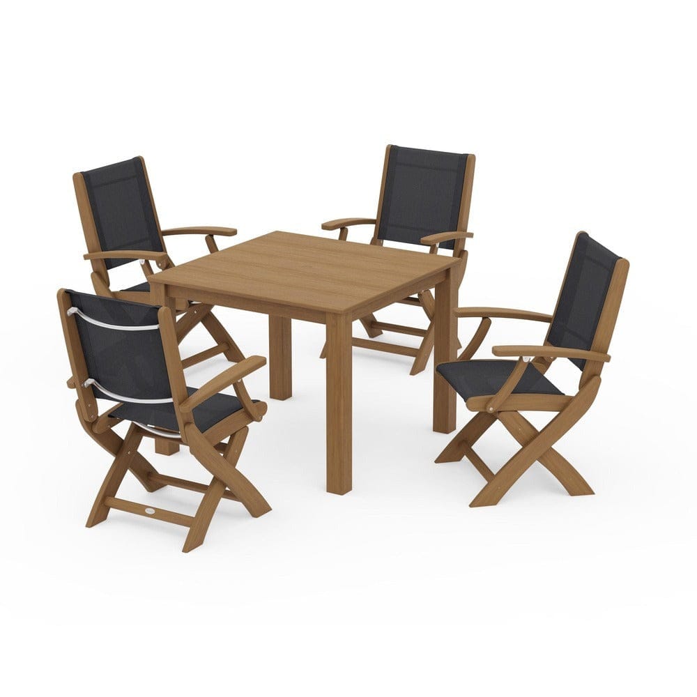 POLYWOOD® Outdoor Furniture Natural / Black Sling POLYWOOD® - Coastal Folding Chair 5-Piece Parsons Dining Set - PWS2274