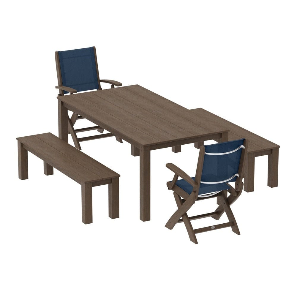 POLYWOOD® Outdoor Furniture POLYWOOD® - Coastal Folding Chair 5-Piece Parsons Dining Set with Benches - PWS2273
