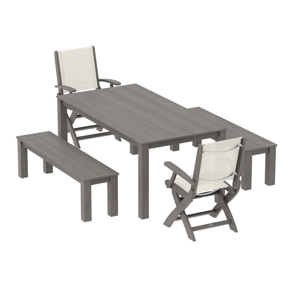 POLYWOOD® Outdoor Furniture Driftwood / Parchment Sling POLYWOOD® - Coastal Folding Chair 5-Piece Parsons Dining Set with Benches - PWS2273