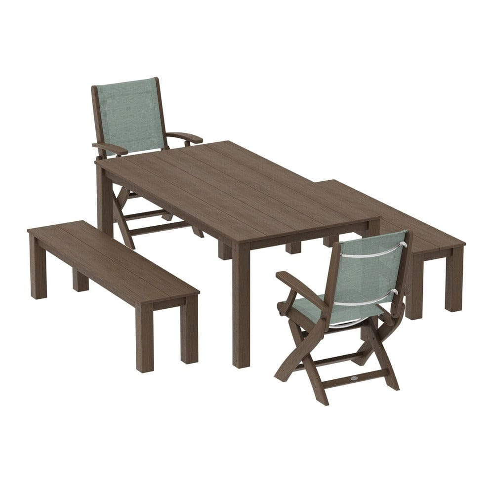 POLYWOOD® Outdoor Furniture POLYWOOD® - Coastal Folding Chair 5-Piece Parsons Dining Set with Benches - PWS2273