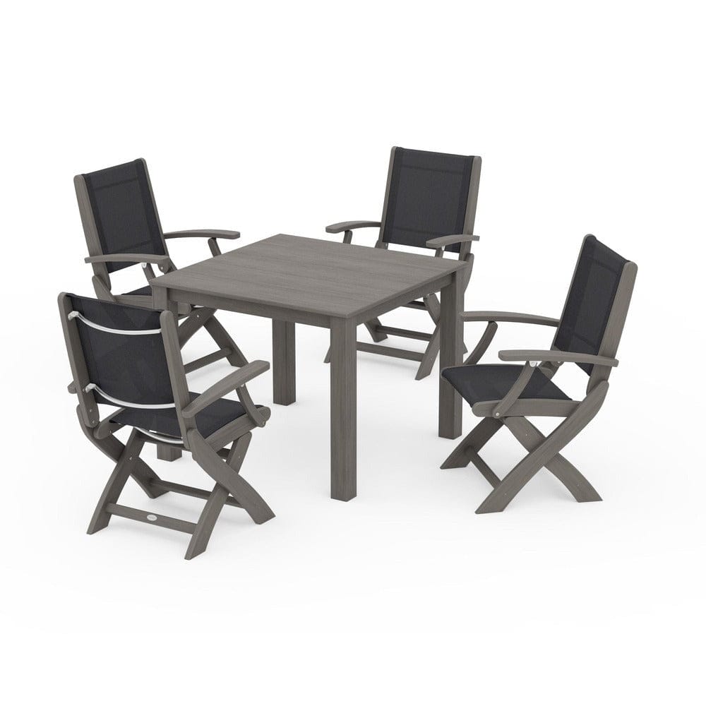 POLYWOOD® Outdoor Furniture Driftwood / Black Sling POLYWOOD® - Coastal Folding Chair 5-Piece Parsons Dining Set - PWS2274