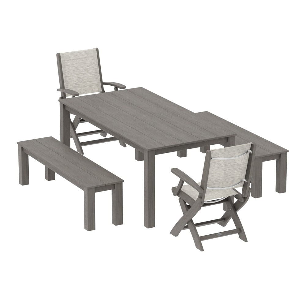 POLYWOOD® Outdoor Furniture Driftwood / Birch Sling POLYWOOD® - Coastal Folding Chair 5-Piece Parsons Dining Set with Benches - PWS2273