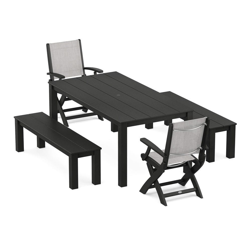 POLYWOOD® Outdoor Furniture Black / Parchment Sling POLYWOOD® - Coastal Folding Chair 5-Piece Parsons Dining Set with Benches - PWS2273