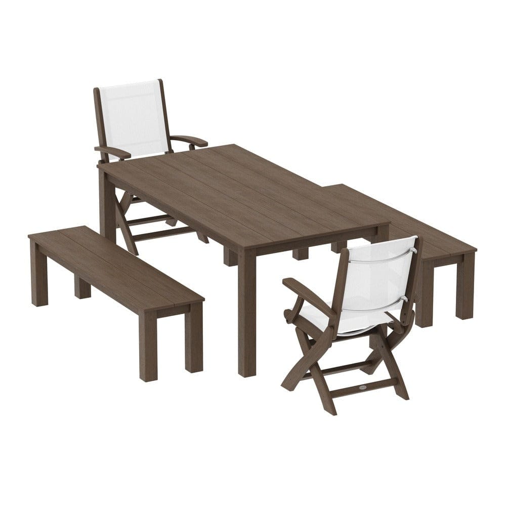 POLYWOOD® Outdoor Furniture POLYWOOD® - Coastal Folding Chair 5-Piece Parsons Dining Set with Benches - PWS2273