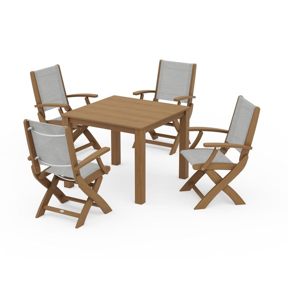 POLYWOOD® Outdoor Furniture Natural / Metallic Sling POLYWOOD® - Coastal Folding Chair 5-Piece Parsons Dining Set - PWS2274