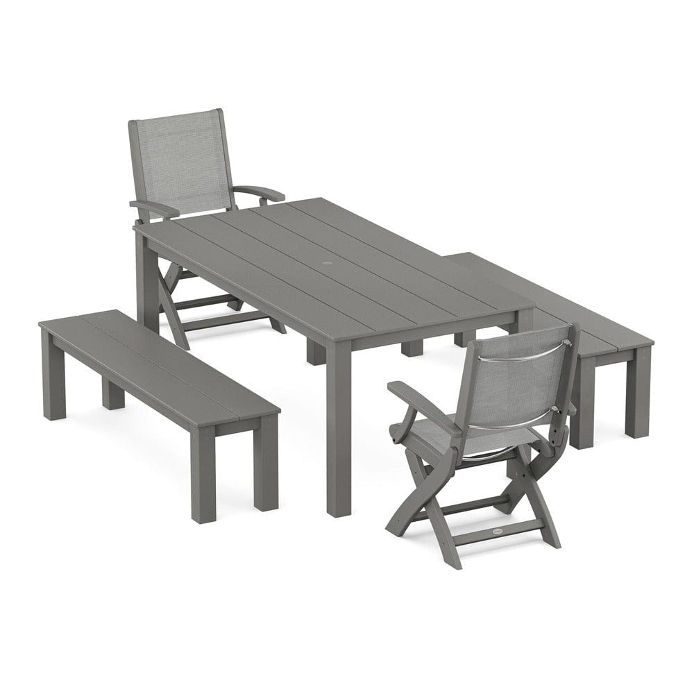 POLYWOOD® Outdoor Furniture Slate Grey / Metallic Sling POLYWOOD® - Coastal Folding Chair 5-Piece Parsons Dining Set with Benches - PWS2273
