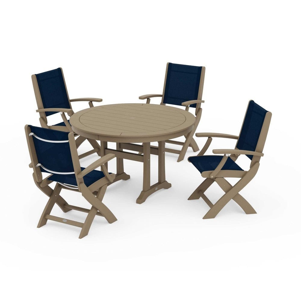 POLYWOOD® Outdoor Furniture POLYWOOD® - Coastal Folding Chair 5-Piece Round Dining Set with Trestle Legs - PWS1120