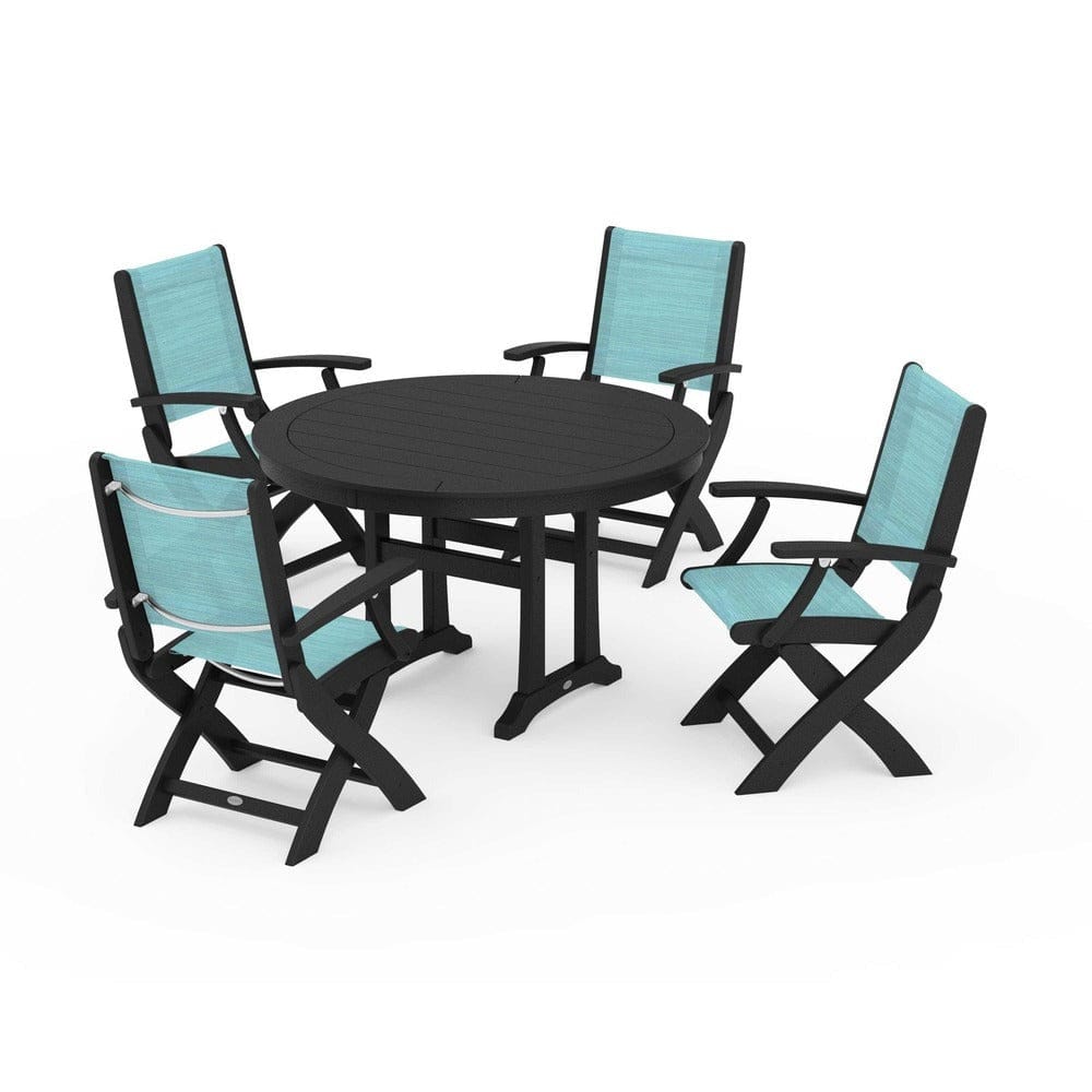 POLYWOOD® Outdoor Furniture Black / Dupioni Aquamarine Sling POLYWOOD® - Coastal Folding Chair 5-Piece Round Dining Set with Trestle Legs - PWS1120