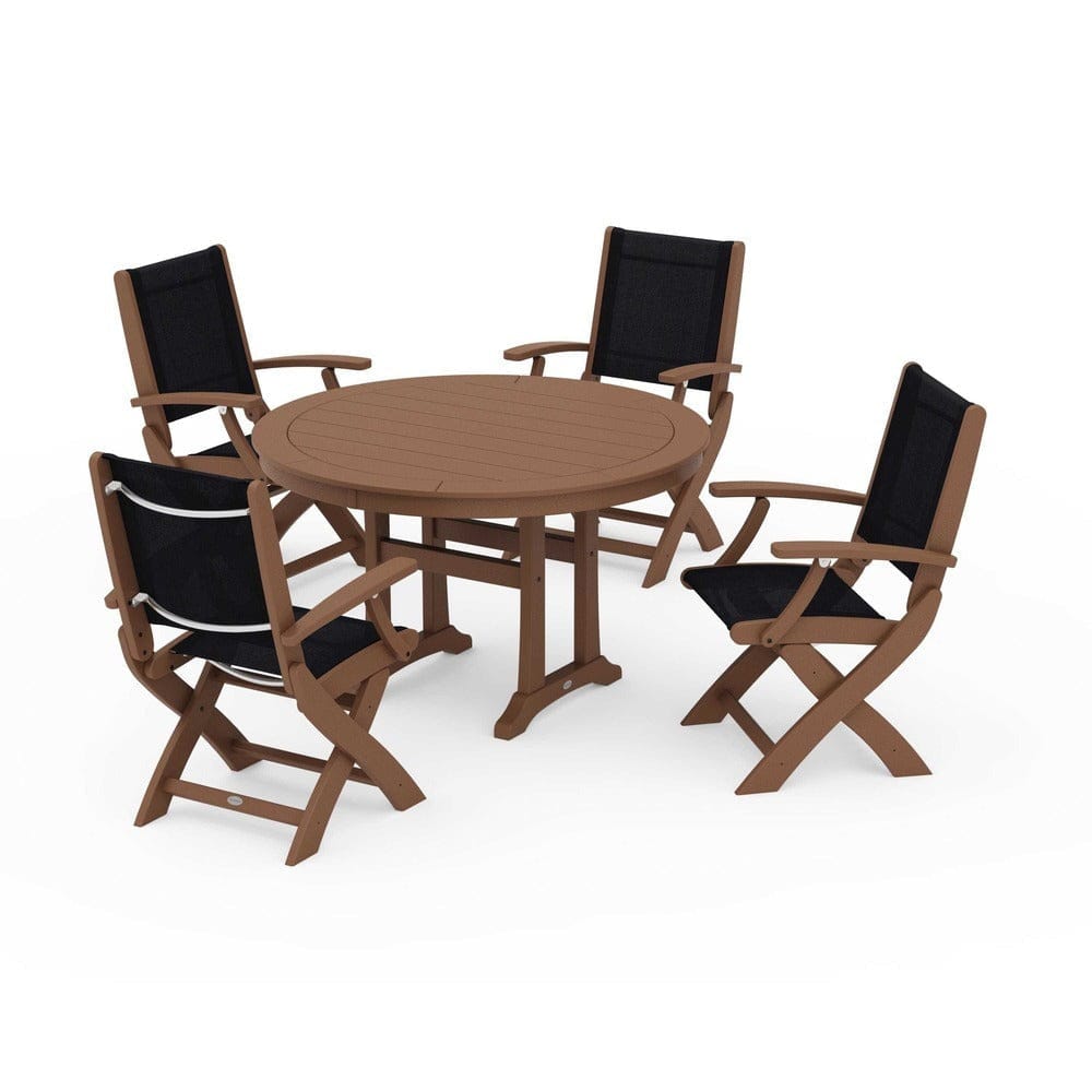 POLYWOOD® Outdoor Furniture Teak / Black Sling POLYWOOD® - Coastal Folding Chair 5-Piece Round Dining Set with Trestle Legs - PWS1120