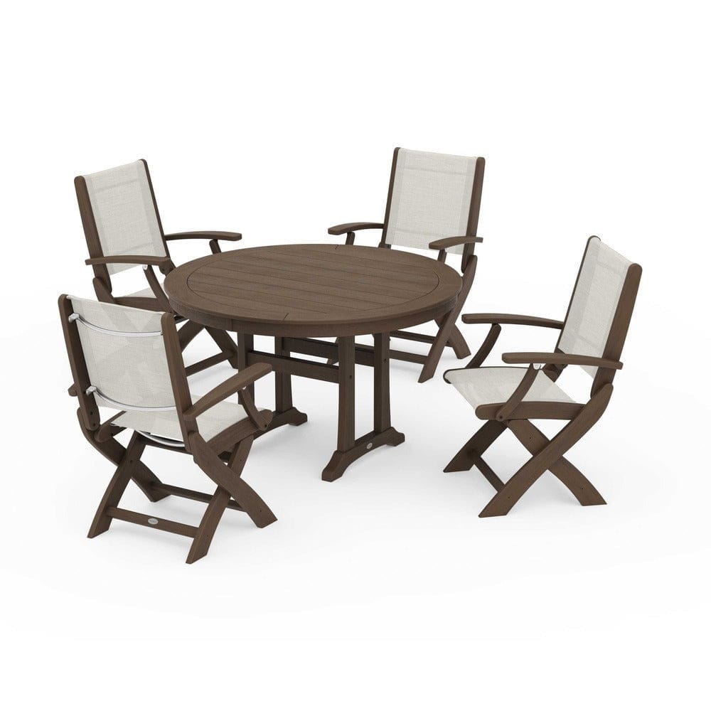 POLYWOOD® Outdoor Furniture POLYWOOD® - Coastal Folding Chair 5-Piece Round Dining Set with Trestle Legs - PWS1120