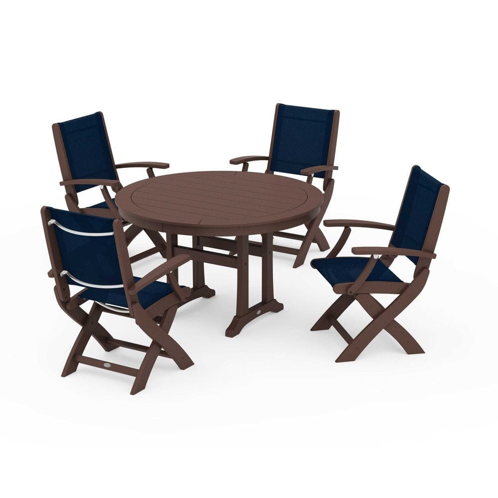 POLYWOOD® Outdoor Furniture Mahogany / Navy Blue Sling POLYWOOD® - Coastal Folding Chair 5-Piece Round Dining Set with Trestle Legs - PWS1120