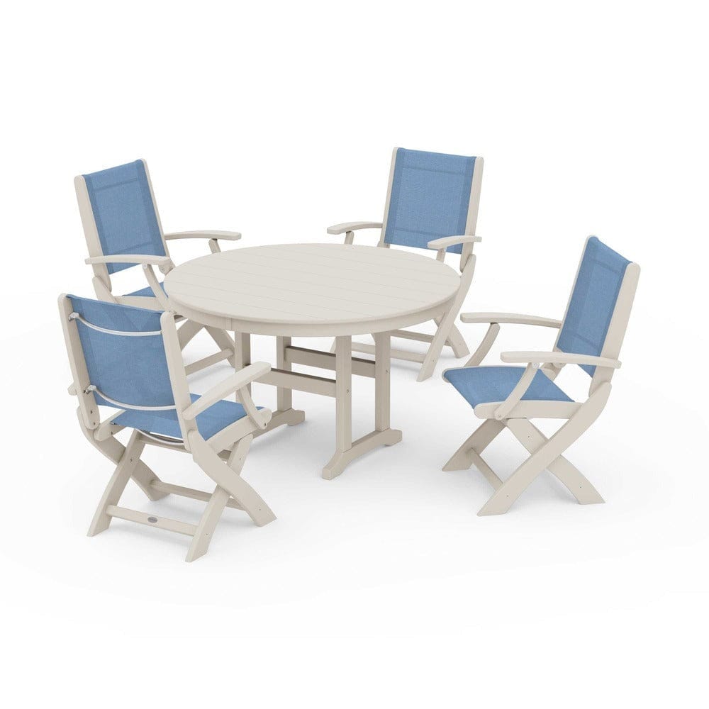 POLYWOOD® Outdoor Furniture Sand / Poolside Sling POLYWOOD® - Coastal Folding Chair 5-Piece Round Dining Set - PWS1357