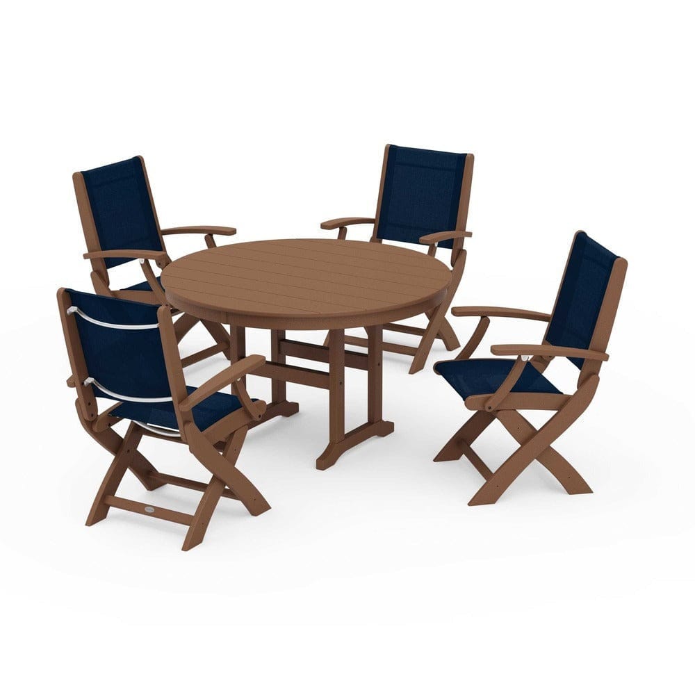 POLYWOOD® Outdoor Furniture Teak / Navy Blue Sling POLYWOOD® - Coastal Folding Chair 5-Piece Round Dining Set - PWS1357