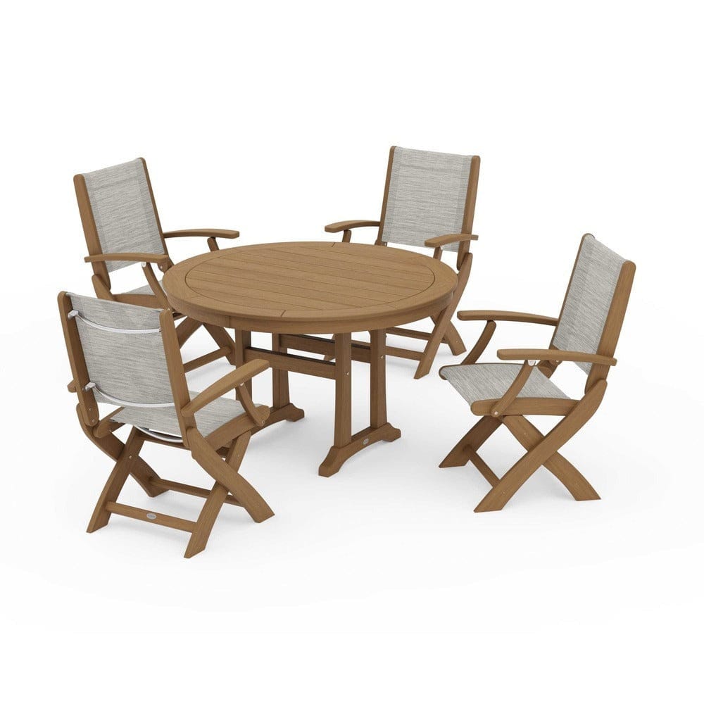POLYWOOD® Outdoor Furniture POLYWOOD® - Coastal Folding Chair 5-Piece Round Dining Set with Trestle Legs - PWS1120