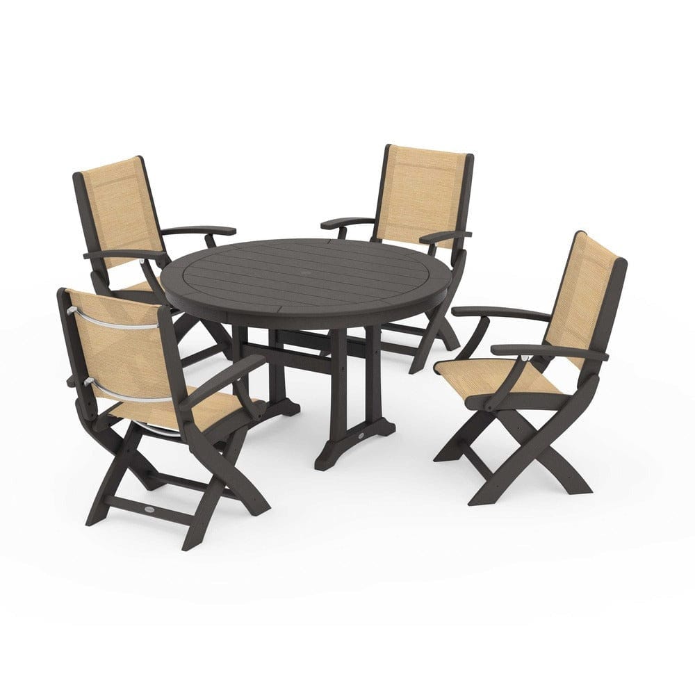 POLYWOOD® Outdoor Furniture Vintage Coffee / Dupioni Apricot Sling POLYWOOD® - Coastal Folding Chair 5-Piece Round Dining Set with Trestle Legs - PWS1120