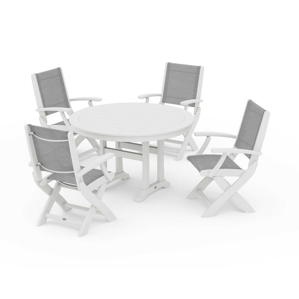 POLYWOOD® Outdoor Furniture POLYWOOD® - Coastal Folding Chair 5-Piece Round Dining Set with Trestle Legs - PWS1120