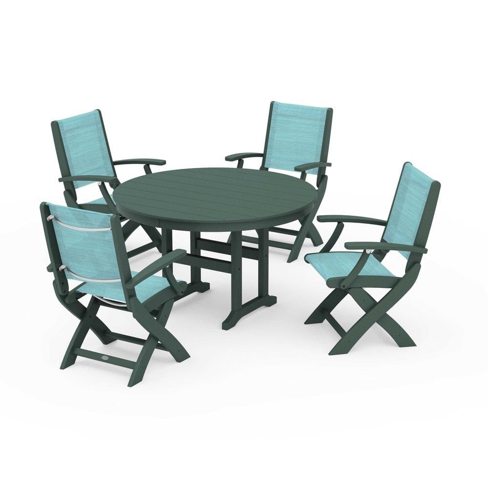 POLYWOOD® Outdoor Furniture Green / Dupioni Aquamarine Sling POLYWOOD® - Coastal Folding Chair 5-Piece Round Dining Set - PWS1357
