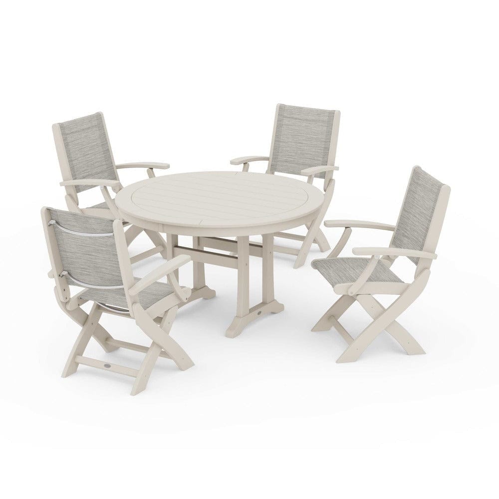 POLYWOOD® Outdoor Furniture Sand / Birch Sling POLYWOOD® - Coastal Folding Chair 5-Piece Round Dining Set with Trestle Legs - PWS1120