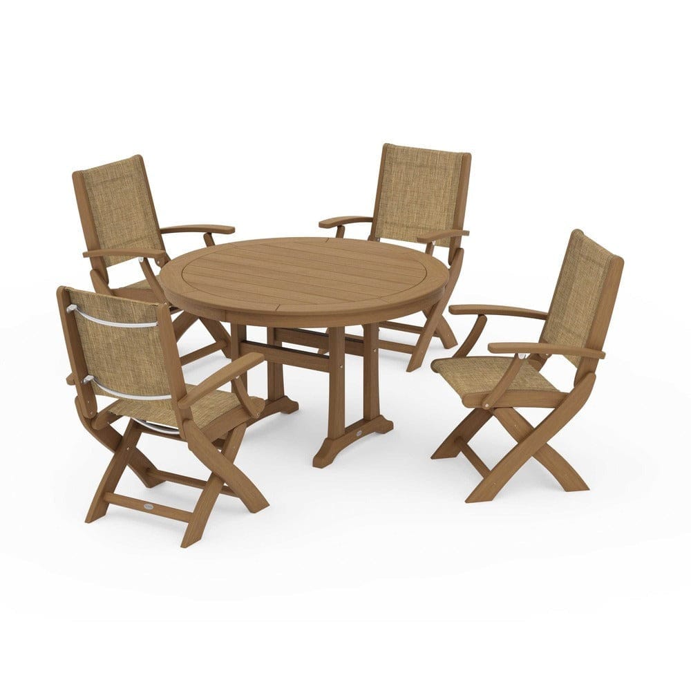 POLYWOOD® Outdoor Furniture POLYWOOD® - Coastal Folding Chair 5-Piece Round Dining Set with Trestle Legs - PWS1120