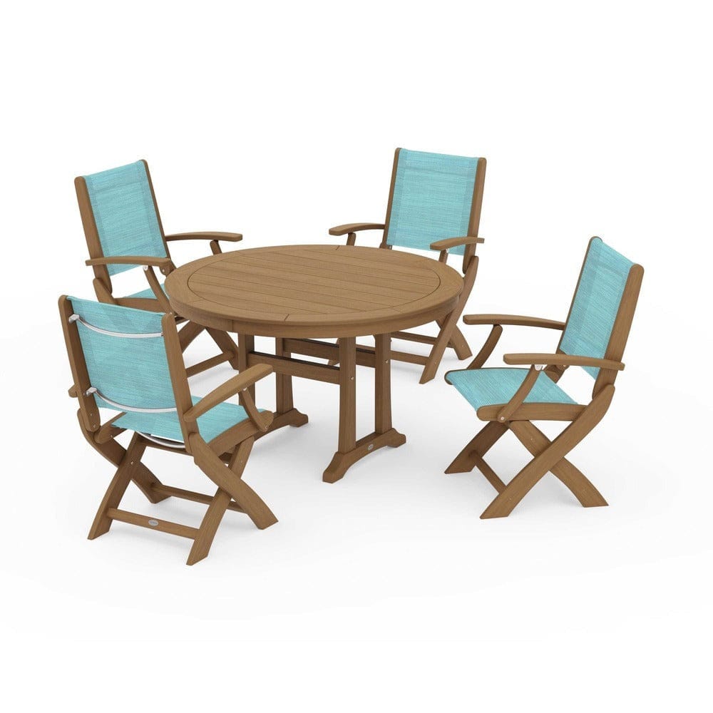 POLYWOOD® Outdoor Furniture POLYWOOD® - Coastal Folding Chair 5-Piece Round Dining Set with Trestle Legs - PWS1120